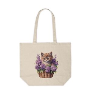 Floral Cat in a Basket Custom Canvas Tote Bag